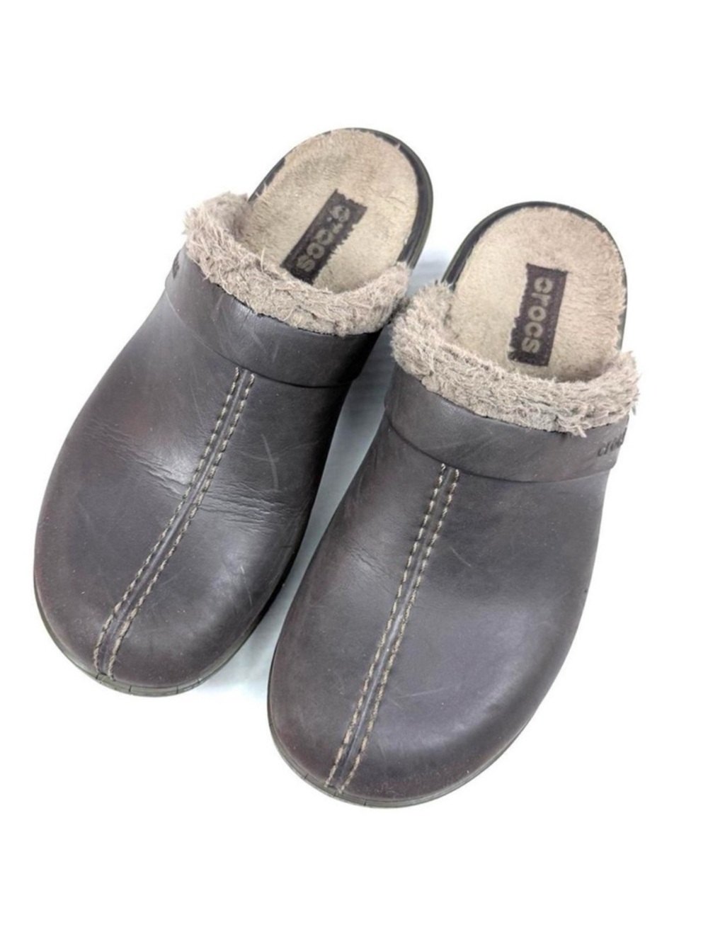 Crocs Cobbler Clog Shoe Women Size 8 Brown Mule Faux Fur Leather Slip On Boho